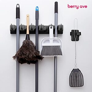 Berry Ave Broom Holder & Mop Grippers [5-Pack]- Self Adhesive, No-Drilling, Wall Mount Tool Organizers For Kitchen, Garage, Laundry Room- Anti-Slip Hanger For Brooms, Mops, Rakes, Dustpans- Black