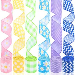6 rolls 30 yards flower daisy wired edge ribbon polka dot wired ribbon check plaid ribbon wave pattern fabric ribbon summer spring decorative ribbon for diy craft wrapping, 2.5 inch (fresh colors)