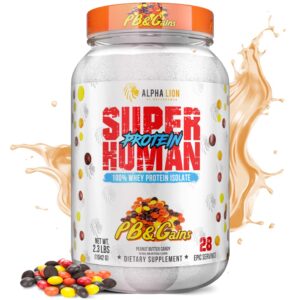 alpha lion superhuman whey protein powder, great tasting pure whey protein isolate, low carb, low sugar, no bloat post workout, muscle recovery & growth (28 servings, pb & gains)