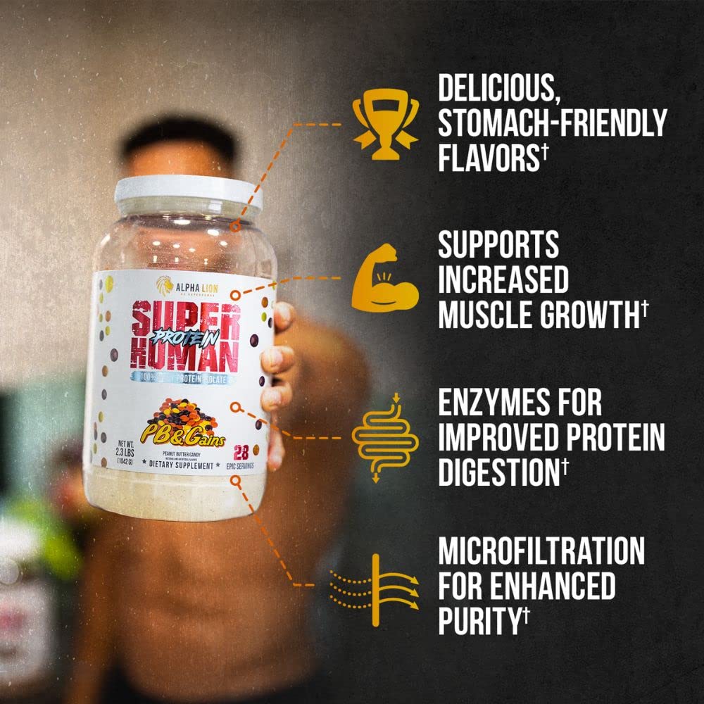 ALPHA LION Superhuman Whey Protein Powder, Great Tasting Pure Whey Protein Isolate, Low Carb, Low Sugar, No Bloat Post Workout, Muscle Recovery & Growth (28 Servings, PB & Gains)