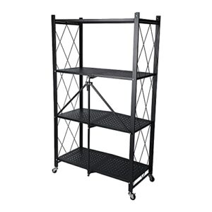 xmsound 4-tier foldable storage shelves with 12 hooks, no assemble needed wide folding metal shelf with caster wheels for garage kitchen home closet office
