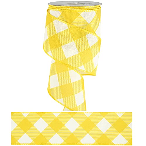 MEEDEE Yellow White Checkered Ribbon Christmas Wired Ribbon Yellow Burlap Ribbon 2.5 inch x 10 Yards for Christmas Tree Decoration Crafts Bows Making Wreath Wrapping Home Decor