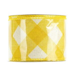 MEEDEE Yellow White Checkered Ribbon Christmas Wired Ribbon Yellow Burlap Ribbon 2.5 inch x 10 Yards for Christmas Tree Decoration Crafts Bows Making Wreath Wrapping Home Decor