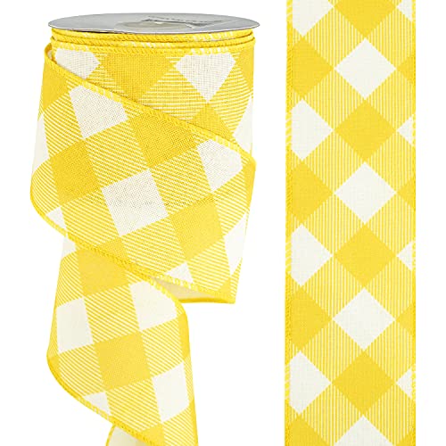 MEEDEE Yellow White Checkered Ribbon Christmas Wired Ribbon Yellow Burlap Ribbon 2.5 inch x 10 Yards for Christmas Tree Decoration Crafts Bows Making Wreath Wrapping Home Decor