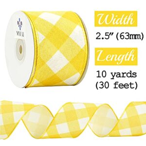 MEEDEE Yellow White Checkered Ribbon Christmas Wired Ribbon Yellow Burlap Ribbon 2.5 inch x 10 Yards for Christmas Tree Decoration Crafts Bows Making Wreath Wrapping Home Decor