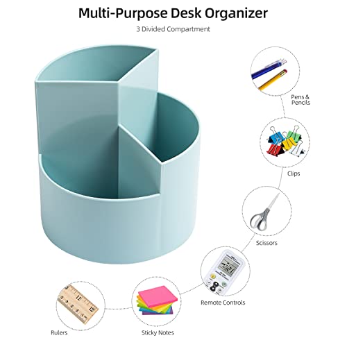 Desk Pencil Pen Holder, 3 Slots 360-Degree Spinning Pencil Pen Desk Organizers, Desktop Storage Pen Organizers Stationery Supplies, Cute Pencil Cup Pot for Office, School, Art Supply, Kids - Blue