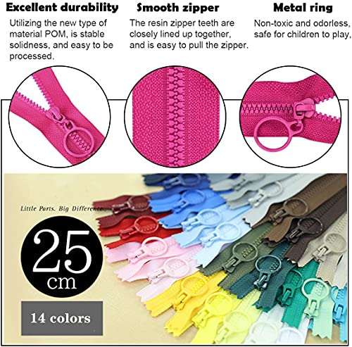 Zippers Colorful Resin 14pcs Non Separating Zippers with Ring Pulls #3 Plastic Zippers Lifting Pull Close-end for Clothes DIY Handbags Sewing Craft Bags Mixed 14 Colors Resin Zippers (25cm) 10inch