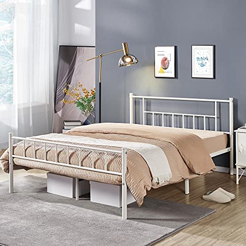 Yaheetech 13 inch Queen Size Metal Bed Frame with Headboard and Footboard Platform Bed Frame with Storage No Box Spring Needed Mattress Foundation for Adults White