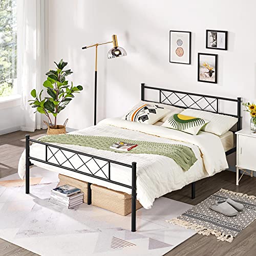 Yaheetech Full Metal Platform Bed Frame Mattress Foundation with Headboard and Footboard No Box Spring Needed Under Bed Storage Steel Slats Black