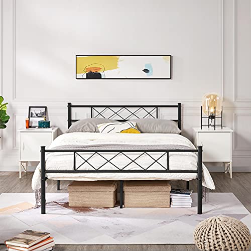 Yaheetech Full Metal Platform Bed Frame Mattress Foundation with Headboard and Footboard No Box Spring Needed Under Bed Storage Steel Slats Black