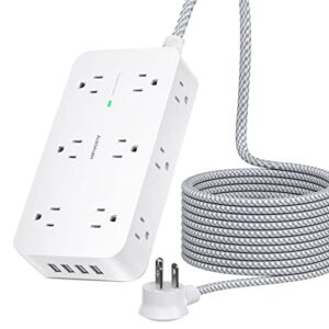 power strip surge protector- hanycony 3 side 12 wide outlets 4 usb ports, 5ft braided extension cord flat plug, overload surge protection, wall mount, desk charging station for office home etl listed