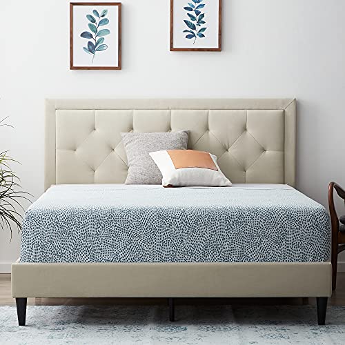 LUCID King Bed Frame with Diamond Tufted Upholstered Headboard – King Size Platform Bed Frame – Removeable Wood Slats – No Box Spring Needed – Easy Assembly – Pearl