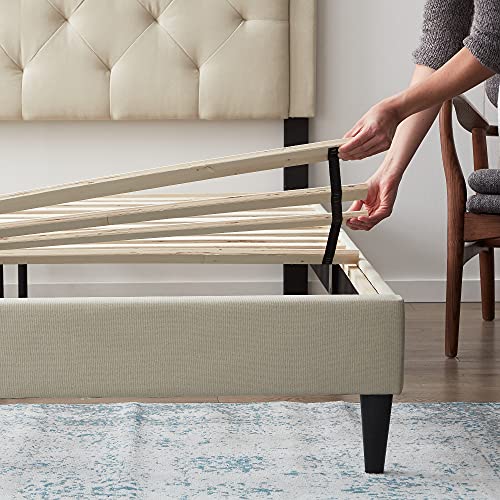 LUCID King Bed Frame with Diamond Tufted Upholstered Headboard – King Size Platform Bed Frame – Removeable Wood Slats – No Box Spring Needed – Easy Assembly – Pearl