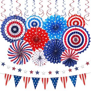 4th of july decorations patriotic decorations 24pcs set - american flag party supplies red white blue paper fans, usa flag pennant, star streamer, hanging swirls for national election day