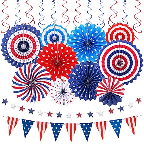 4th of July Decorations Patriotic Decorations 24Pcs Set - American Flag Party Supplies Red White Blue Paper Fans, USA Flag Pennant, Star Streamer, Hanging Swirls for National Election Day