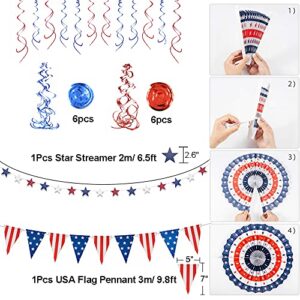 4th of July Decorations Patriotic Decorations 24Pcs Set - American Flag Party Supplies Red White Blue Paper Fans, USA Flag Pennant, Star Streamer, Hanging Swirls for National Election Day