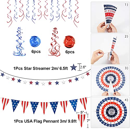 4th of July Decorations Patriotic Decorations 24Pcs Set - American Flag Party Supplies Red White Blue Paper Fans, USA Flag Pennant, Star Streamer, Hanging Swirls for National Election Day