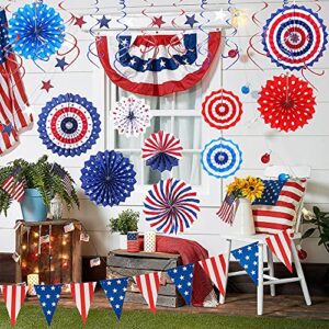 4th of July Decorations Patriotic Decorations 24Pcs Set - American Flag Party Supplies Red White Blue Paper Fans, USA Flag Pennant, Star Streamer, Hanging Swirls for National Election Day