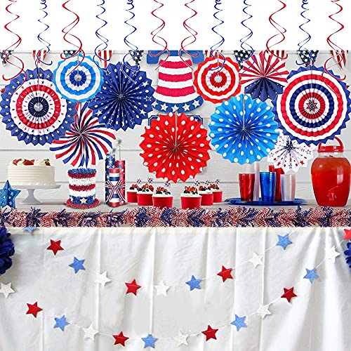 4th of July Decorations Patriotic Decorations 24Pcs Set - American Flag Party Supplies Red White Blue Paper Fans, USA Flag Pennant, Star Streamer, Hanging Swirls for National Election Day