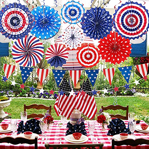 4th of July Decorations Patriotic Decorations 24Pcs Set - American Flag Party Supplies Red White Blue Paper Fans, USA Flag Pennant, Star Streamer, Hanging Swirls for National Election Day