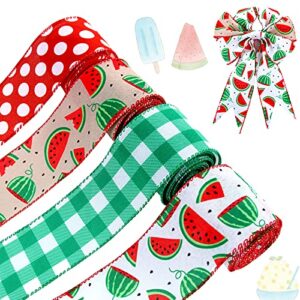 4 rolls 20 yards x 2.5 inch wired ribbons watermelon printed ribbons check plaid dot pattern green red ribbons for summer wreaths, wrapping, floral arrangements and diy crafting supplies, 4 styles