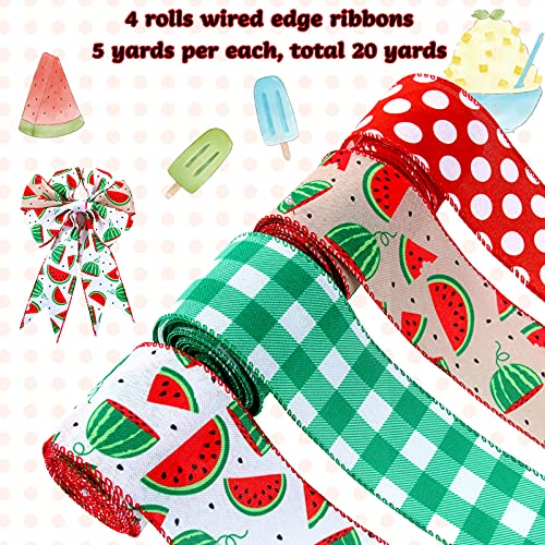 4 Rolls 20 Yards x 2.5 Inch Wired Ribbons Watermelon Printed Ribbons Check Plaid Dot Pattern Green Red Ribbons for Summer Wreaths, Wrapping, Floral Arrangements and DIY Crafting Supplies, 4 Styles