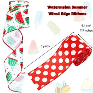 4 Rolls 20 Yards x 2.5 Inch Wired Ribbons Watermelon Printed Ribbons Check Plaid Dot Pattern Green Red Ribbons for Summer Wreaths, Wrapping, Floral Arrangements and DIY Crafting Supplies, 4 Styles