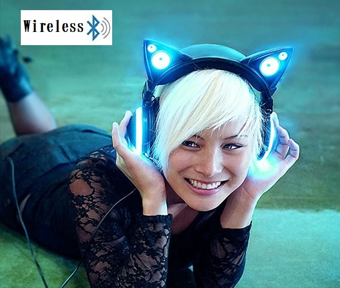 Axent Wear New Edition Wireless Cat Ear Headphones (12 Color Changing) 3.5mm Jack, Bluetooth&Wired Connection (Black)