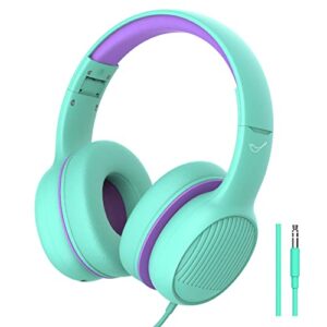 kids headphones, 85db volume limiting - toddler headphones for detachable cat ear, wired headphones with sharing splitter, foldable stereo over-ear headphones for school/travel/ipad/kindle (green)