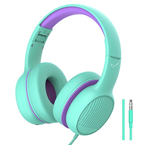 Kids Headphones, 85dB Volume Limiting - Toddler Headphones for Detachable Cat Ear, Wired Headphones with Sharing Splitter, Foldable Stereo Over-Ear Headphones for School/Travel/iPad/Kindle (green)