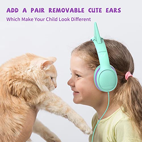 Kids Headphones, 85dB Volume Limiting - Toddler Headphones for Detachable Cat Ear, Wired Headphones with Sharing Splitter, Foldable Stereo Over-Ear Headphones for School/Travel/iPad/Kindle (green)