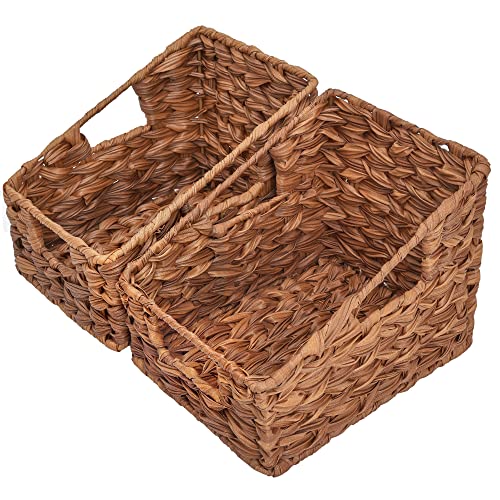 GRANNY SAYS Wicker Storage Baskets for Shelves, Trapezoid Woven Basket with Handles, Waterproof Storage Wicker Baskets for Organizing Pantry Kitchen Cabinet, Caramel Orange, 2-Pack