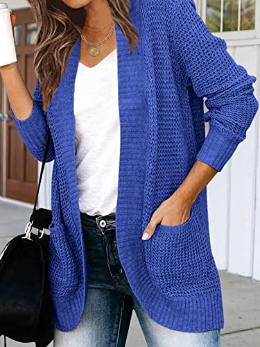 ZESICA Women's 2023 Long Sleeve Open Front Casual Lightweight Soft Knit Cardigan Sweater Outerwear,Blue,Medium