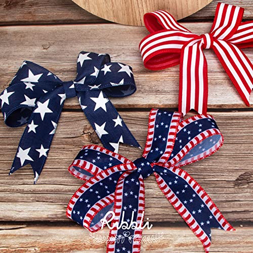 Ribbli 4th of July Patriotic Ribbon,Stars and Stripes Wired Ribbon, 1-1/2 Inch x 10 Yard,Red/White/Navy,Canvas Ribbon for Bow,Wreath,Tree Decoration