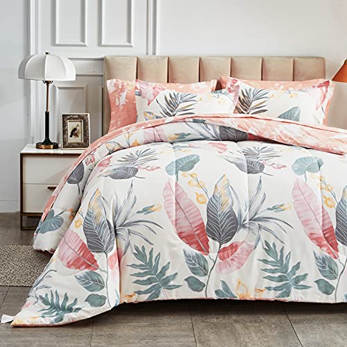 AIKASY Pink Queen Comforter Set with Sheets,Bed in a Bag 7-Pieces,Palm Tree Totem Printing Design,Ultra Soft Down Alternative All Season Bedding Set(Queen, Pink)