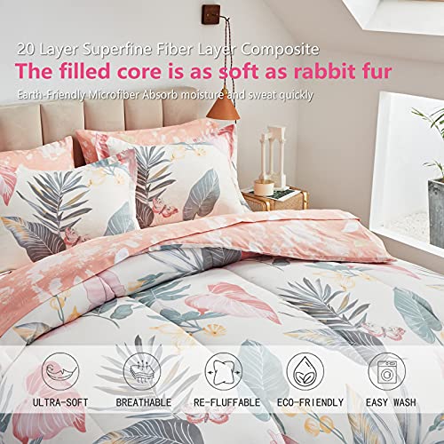 AIKASY Pink Queen Comforter Set with Sheets,Bed in a Bag 7-Pieces,Palm Tree Totem Printing Design,Ultra Soft Down Alternative All Season Bedding Set(Queen, Pink)