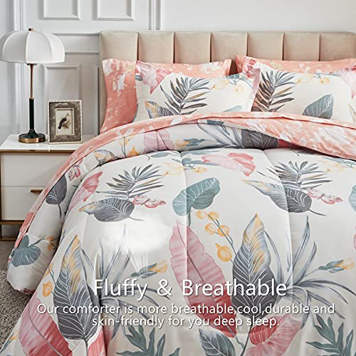 AIKASY Pink Queen Comforter Set with Sheets,Bed in a Bag 7-Pieces,Palm Tree Totem Printing Design,Ultra Soft Down Alternative All Season Bedding Set(Queen, Pink)