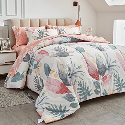 AIKASY Pink Queen Comforter Set with Sheets,Bed in a Bag 7-Pieces,Palm Tree Totem Printing Design,Ultra Soft Down Alternative All Season Bedding Set(Queen, Pink)