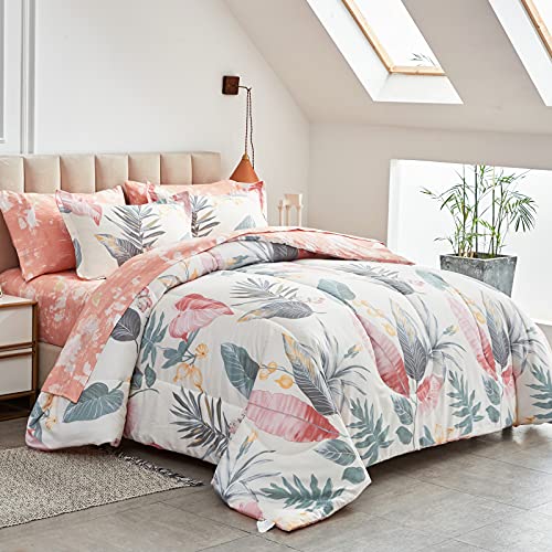 AIKASY Pink Queen Comforter Set with Sheets,Bed in a Bag 7-Pieces,Palm Tree Totem Printing Design,Ultra Soft Down Alternative All Season Bedding Set(Queen, Pink)