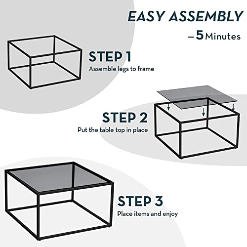 SAYGOER Glass Coffee Table, Small Modern Coffee Table Square Simple Center Tables for Living Room 26.7 x 26.7 x 15.7 Inches, Gray Black