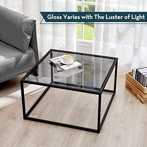 SAYGOER Glass Coffee Table, Small Modern Coffee Table Square Simple Center Tables for Living Room 26.7 x 26.7 x 15.7 Inches, Gray Black