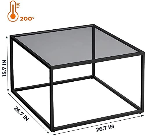 SAYGOER Glass Coffee Table, Small Modern Coffee Table Square Simple Center Tables for Living Room 26.7 x 26.7 x 15.7 Inches, Gray Black