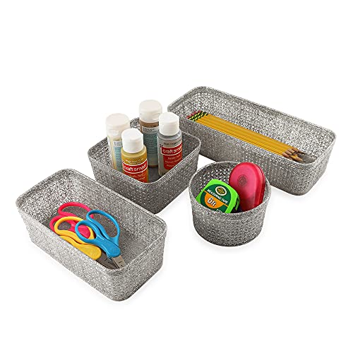 Isaac Jacobs 10-Piece Glitter Plastic Organizer (13.75” x 11.2” x 5.1”) Set w/Cut-Out Handles, Multi-Functional Home Storage, Desk, Office, Bathroom, Bedroom, Closet, Playroom (10-Piece, Silver)