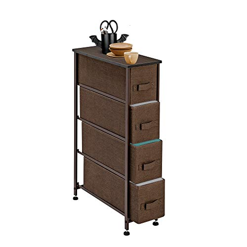 Narrow Dresser,Vertical Storage Unit with 4 Fabric Drawers, Metal Frame, Slim Storage Tower, 7.9” Width, for Living Room, Kitchen, Small Space, Gap (Brown)