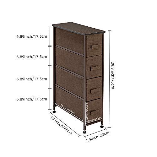 Narrow Dresser,Vertical Storage Unit with 4 Fabric Drawers, Metal Frame, Slim Storage Tower, 7.9” Width, for Living Room, Kitchen, Small Space, Gap (Brown)