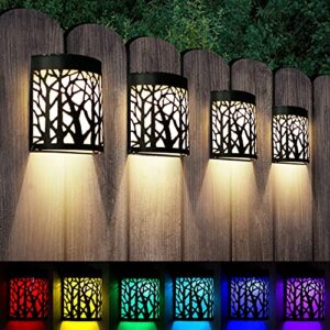 denicmic solar wall lights outdoor wall sconce fence lighting for patio front door yard deck stair led forest decorative lamps, waterproof, warm white/color changing (4 pack)