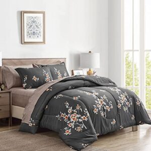 7 pieces bed in a bag king comforter set with sheets, dark grey floral design soft microfiber bedding sets for all season (1 comforter, 2 pillow shams, 1 flat sheet, 1 fitted sheet, 2 pillowcases)
