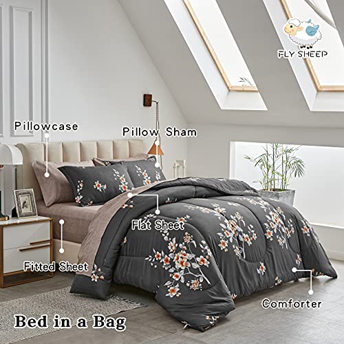 7 Pieces Bed in a Bag King Comforter Set with Sheets, Dark Grey Floral Design Soft Microfiber Bedding Sets for All Season (1 Comforter, 2 Pillow Shams, 1 Flat Sheet, 1 Fitted Sheet, 2 Pillowcases)