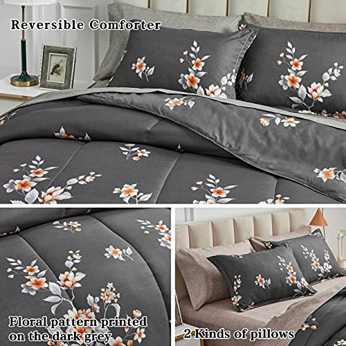 7 Pieces Bed in a Bag King Comforter Set with Sheets, Dark Grey Floral Design Soft Microfiber Bedding Sets for All Season (1 Comforter, 2 Pillow Shams, 1 Flat Sheet, 1 Fitted Sheet, 2 Pillowcases)