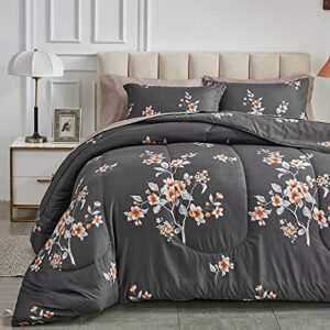 7 Pieces Bed in a Bag King Comforter Set with Sheets, Dark Grey Floral Design Soft Microfiber Bedding Sets for All Season (1 Comforter, 2 Pillow Shams, 1 Flat Sheet, 1 Fitted Sheet, 2 Pillowcases)